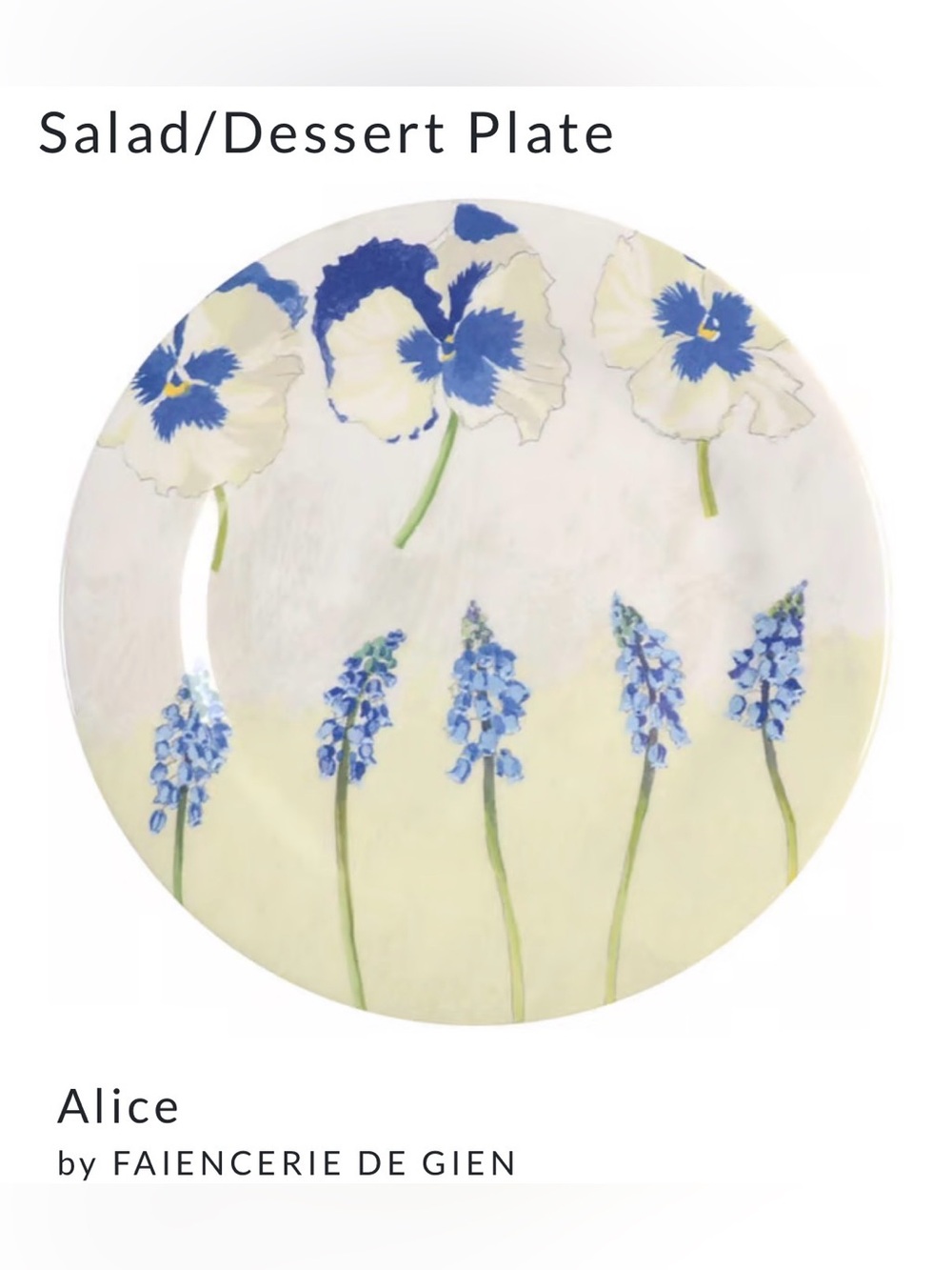 RARE Gien France Alice blue floral snowdrop flowers salad dessert plate set of 2